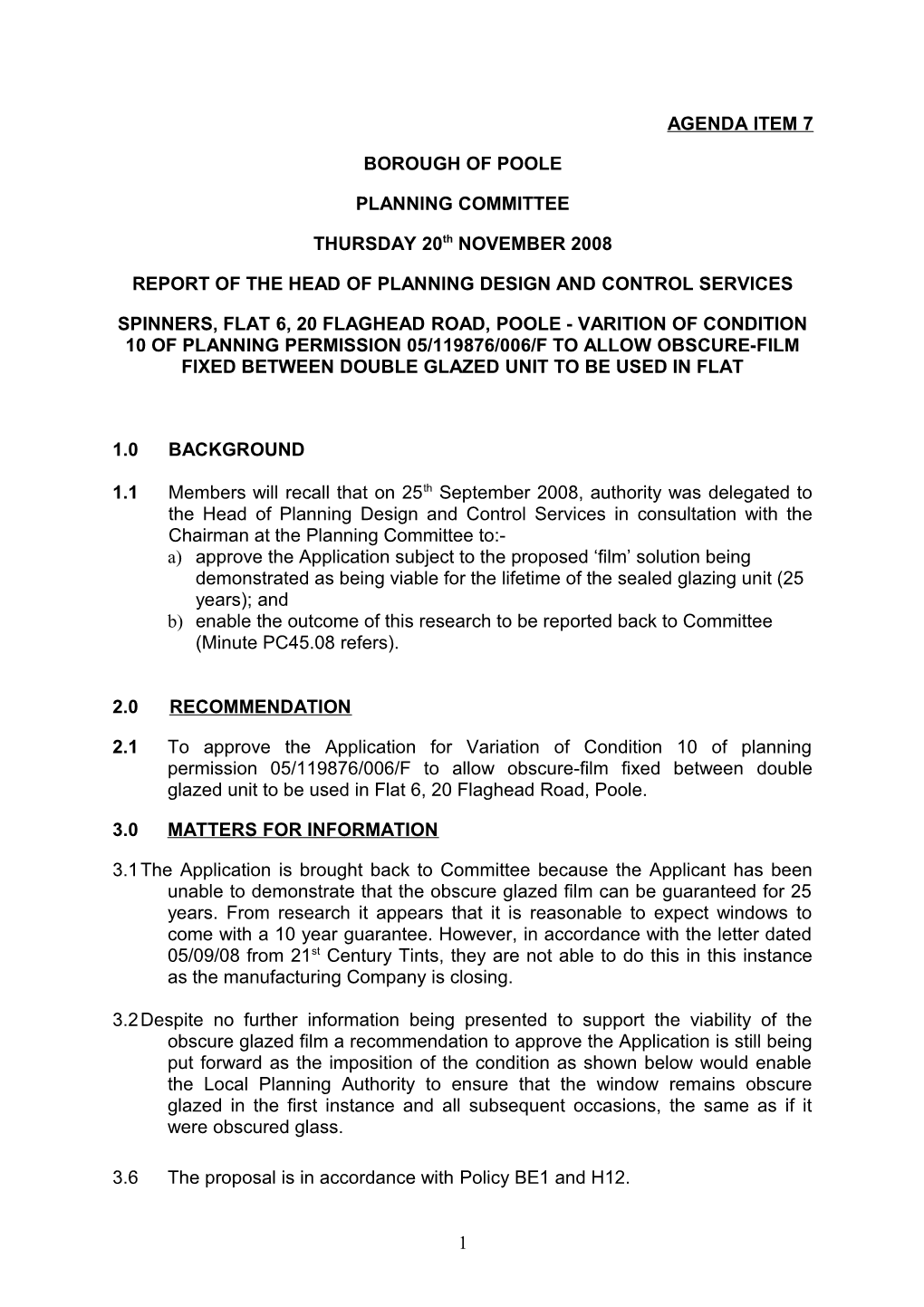 Spinners, Flat 6, 20 Flaghead Road, Poole - Varition of Condition 10 of Planning Permission