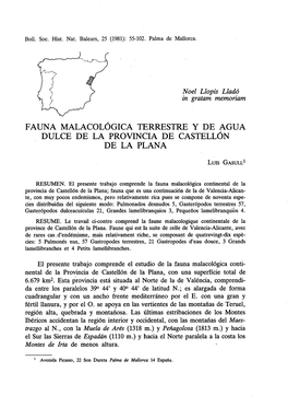 Fauna Malacológica Terrestre Y De Agua Dulce De La Provincia De Castellón De La Plana