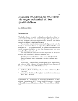 Integrating the Rational and the Mystical: the Insights and Methods of Three Hassidic̣ Rebbeim