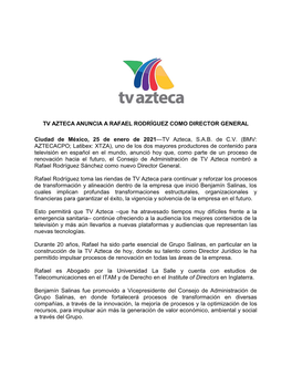Tv Azteca Anuncia a Rafael Rodríguez Como Director General
