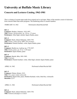 Concerts and Lectures Catalog 1962 to 1981