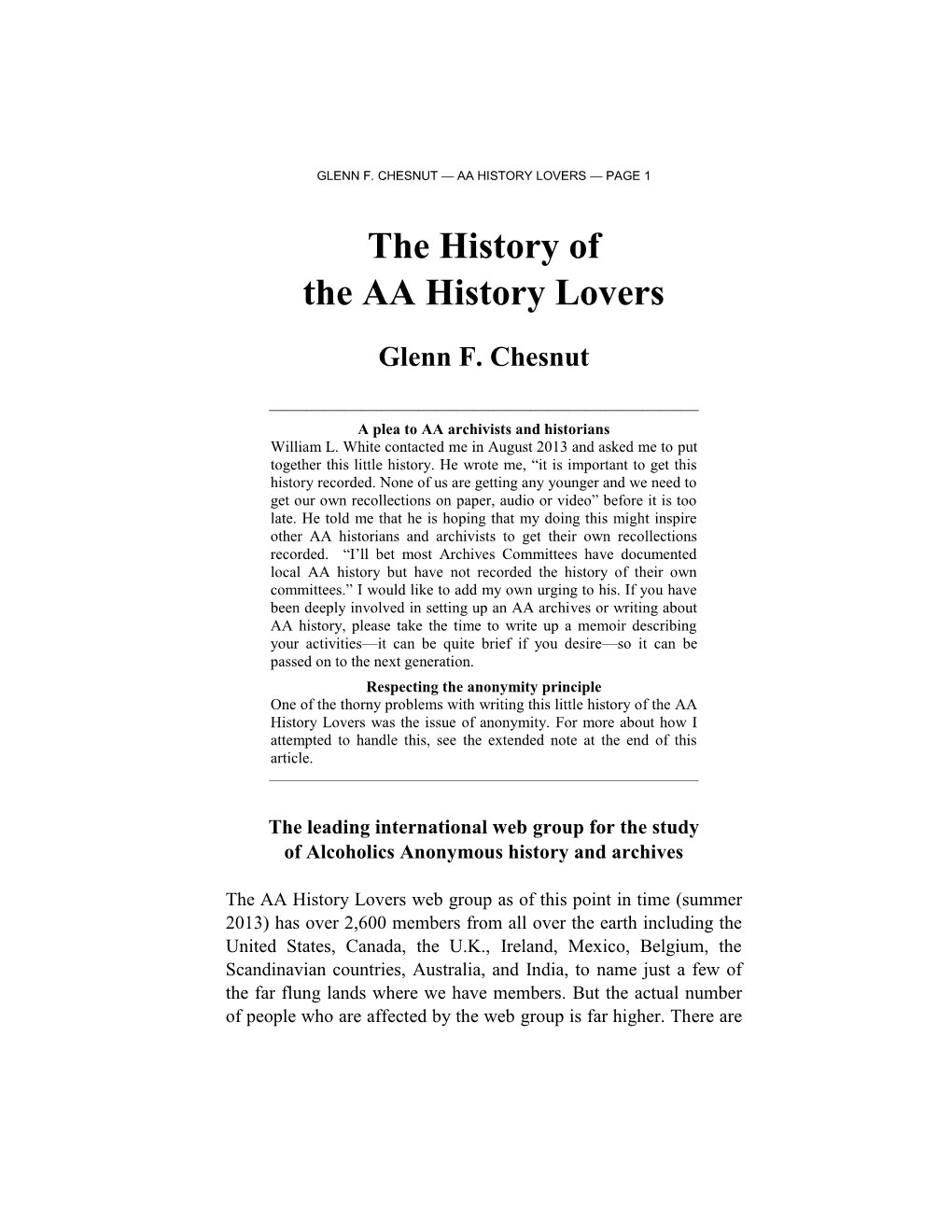 The History of the AA History Lovers