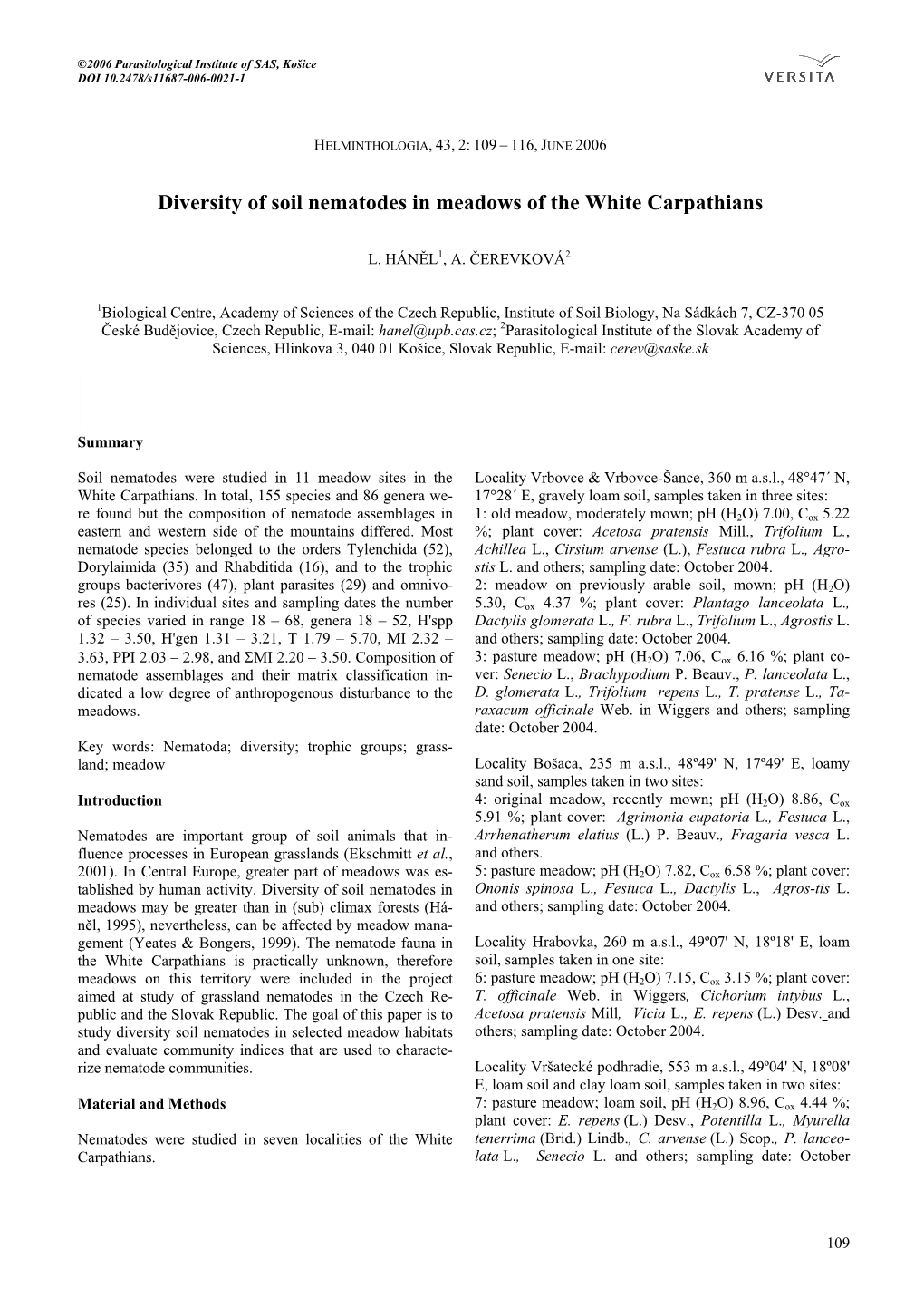 Diversity of Soil Nematodes in Meadows of the White Carpathians