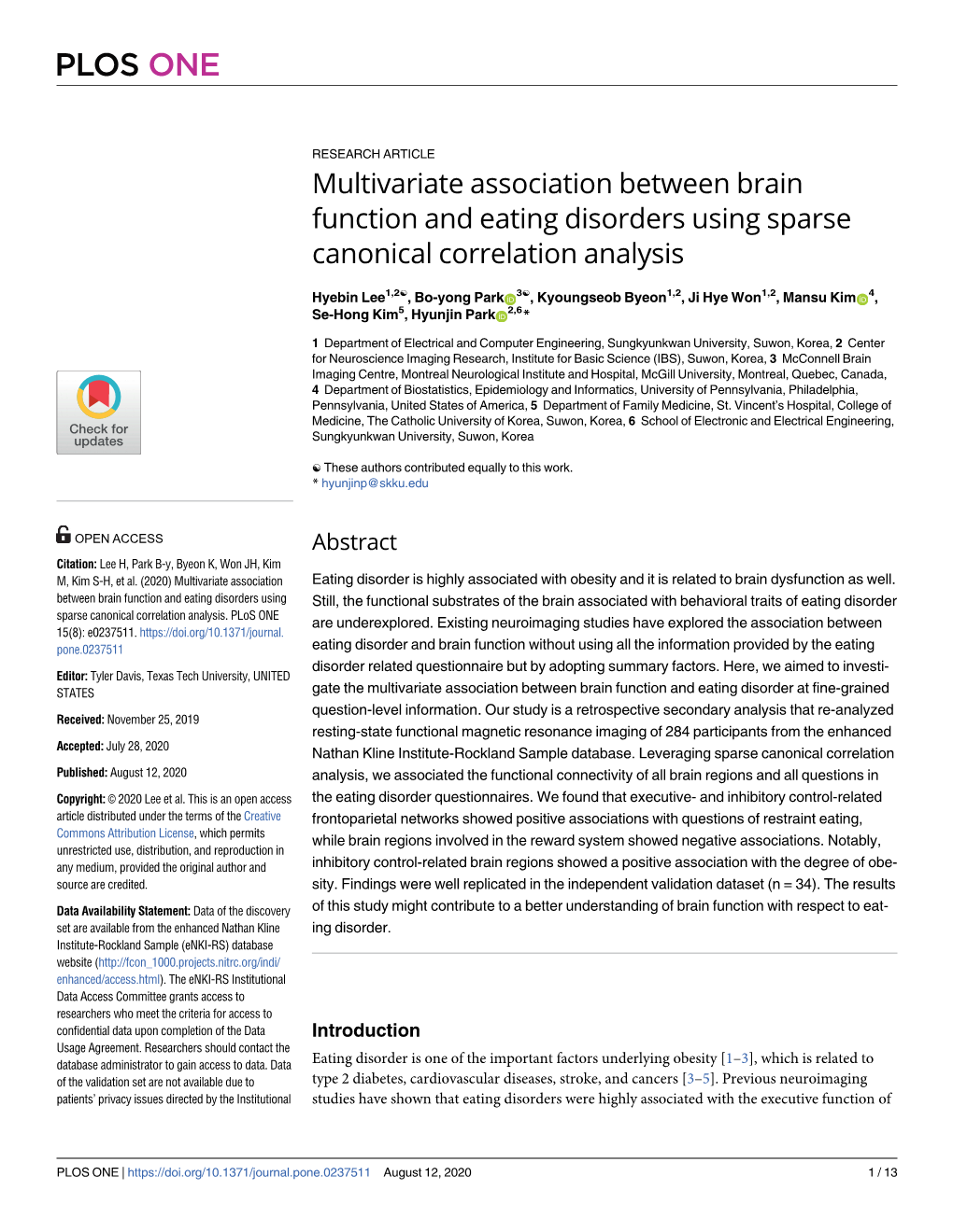 Multivariate Association Between Brain Function and Eating Disorders Using Sparse Canonical Correlation Analysis