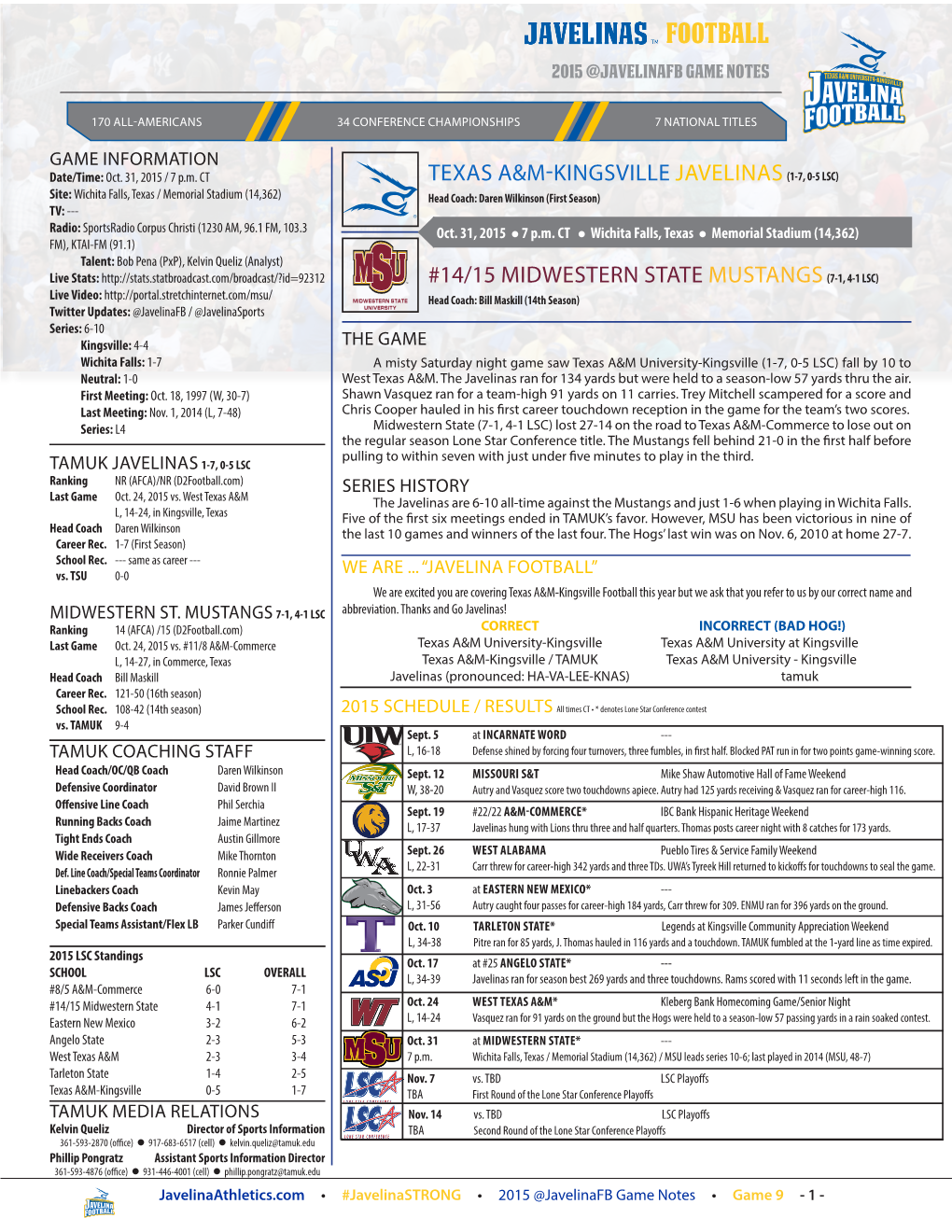 FOOTBALL 2015 @Javelinafb Game Notes