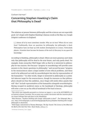Concerning Stephen Hawking's Claim That Philosophy Is Dead1