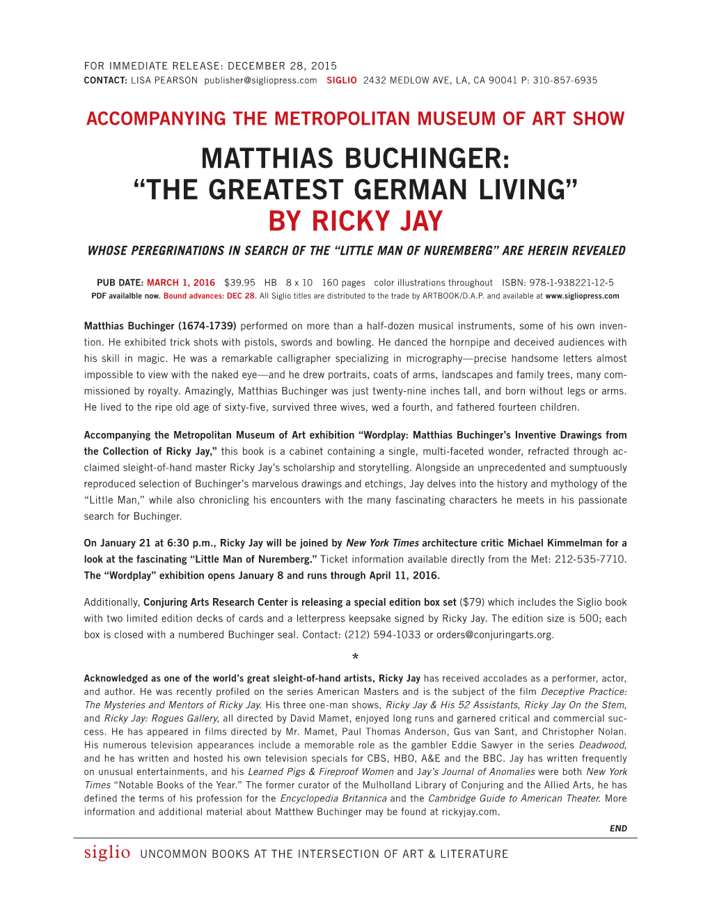 Matthias Buchinger: “The Greatest German Living” by Ricky Jay Whose Peregrinations in Search of the “Little Man of Nuremberg” Are Herein Revealed