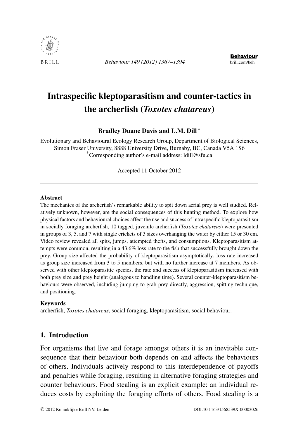 Intraspecific Kleptoparasitism and Counter-Tactics in the Archerfish