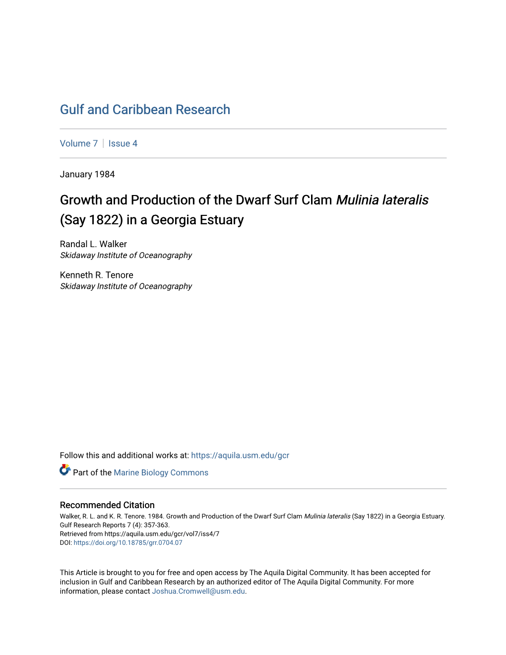 Growth and Production of the Dwarf Surf Clam Mulinia Lateralis (Say 1822) in a Georgia Estuary