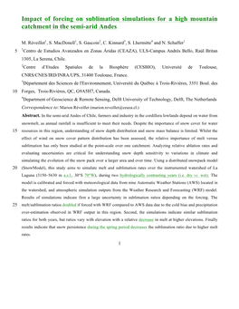 Impact of Forcing on Sublimation Simulations for a High Mountain Catchment in the Semi-Arid Andes