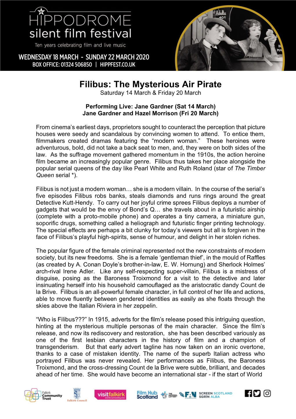 Filibus: the Mysterious Air Pirate Saturday 14 March & Friday 20 March