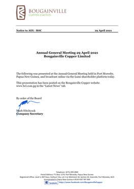 Annual General Meeting 29 April 2021 Bougainville Copper Limited