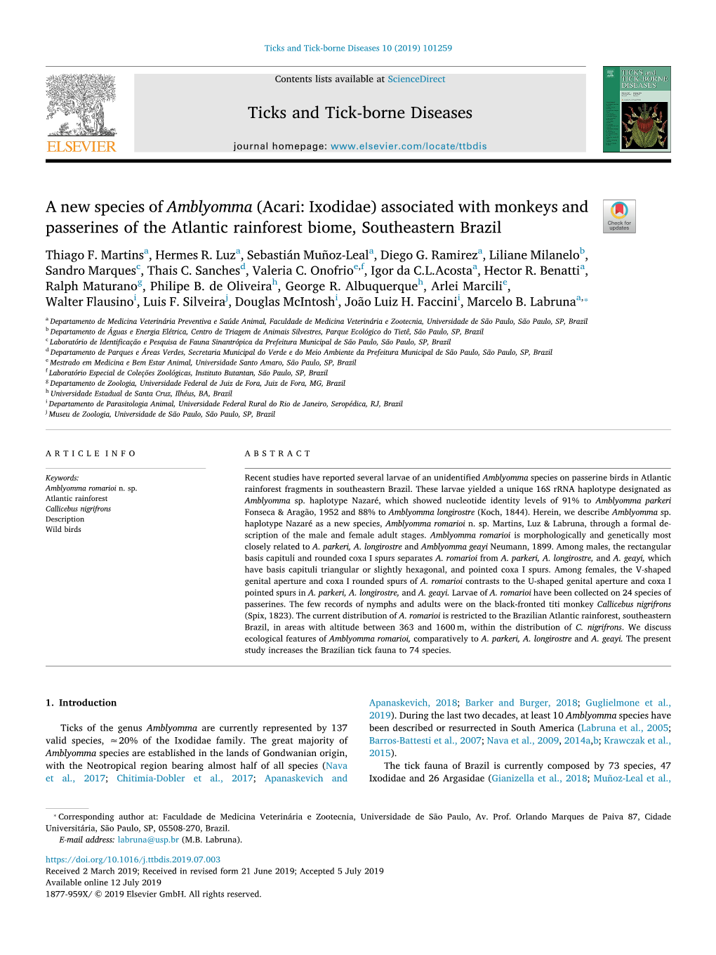 A New Species of Amblyomma (Acari Ixodidae) Associated with Monkeys