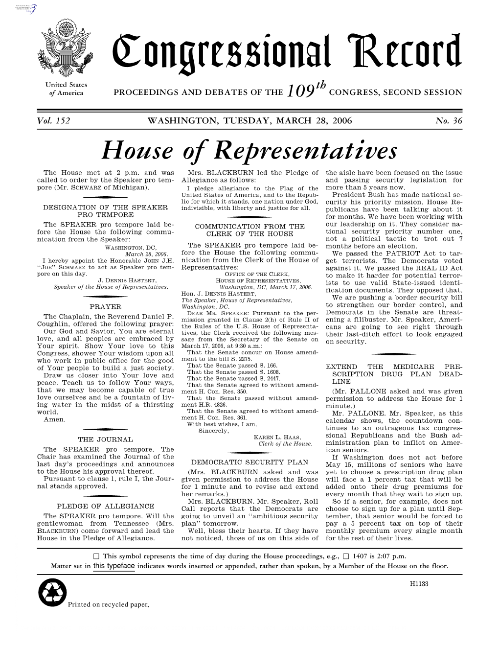 Congressional Record United States Th of America PROCEEDINGS and DEBATES of the 109 CONGRESS, SECOND SESSION