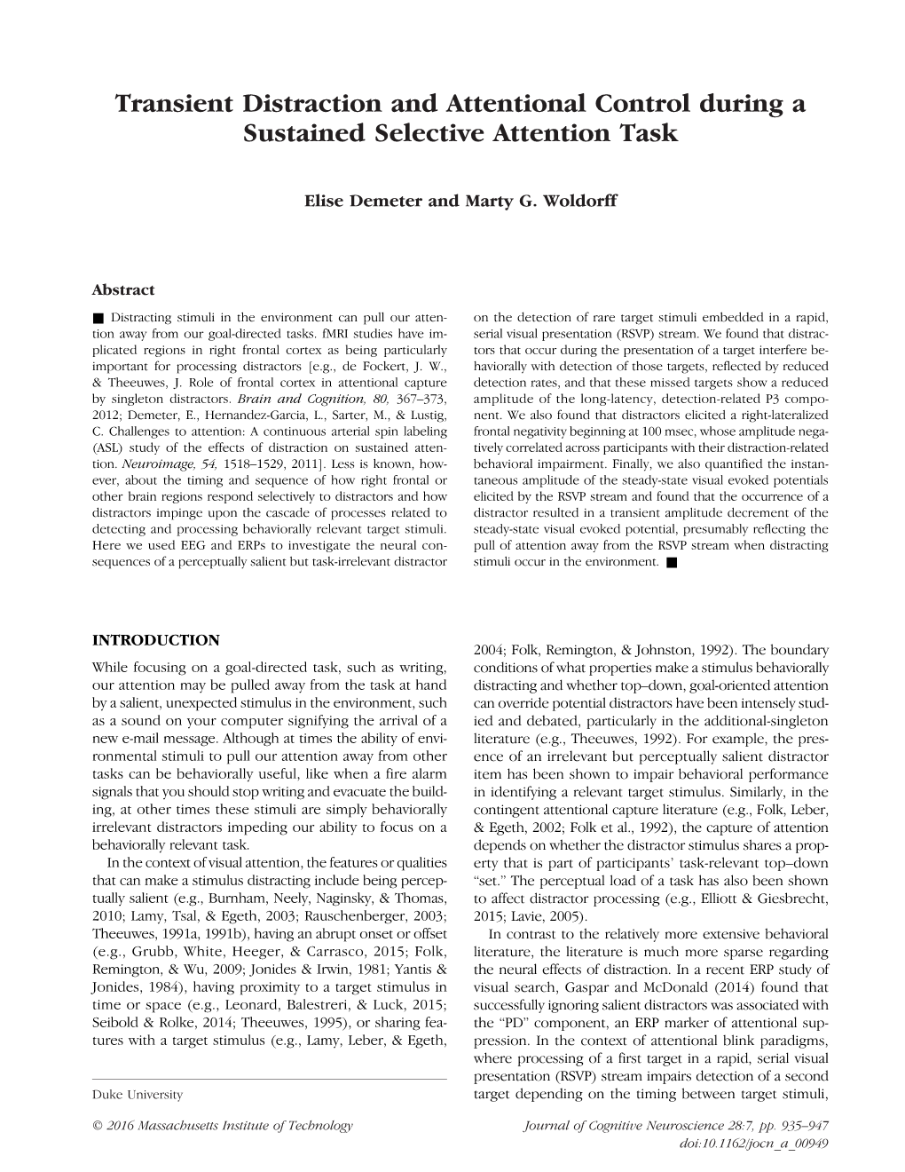 Transient Distraction and Attentional Control During a Sustained Selective Attention Task