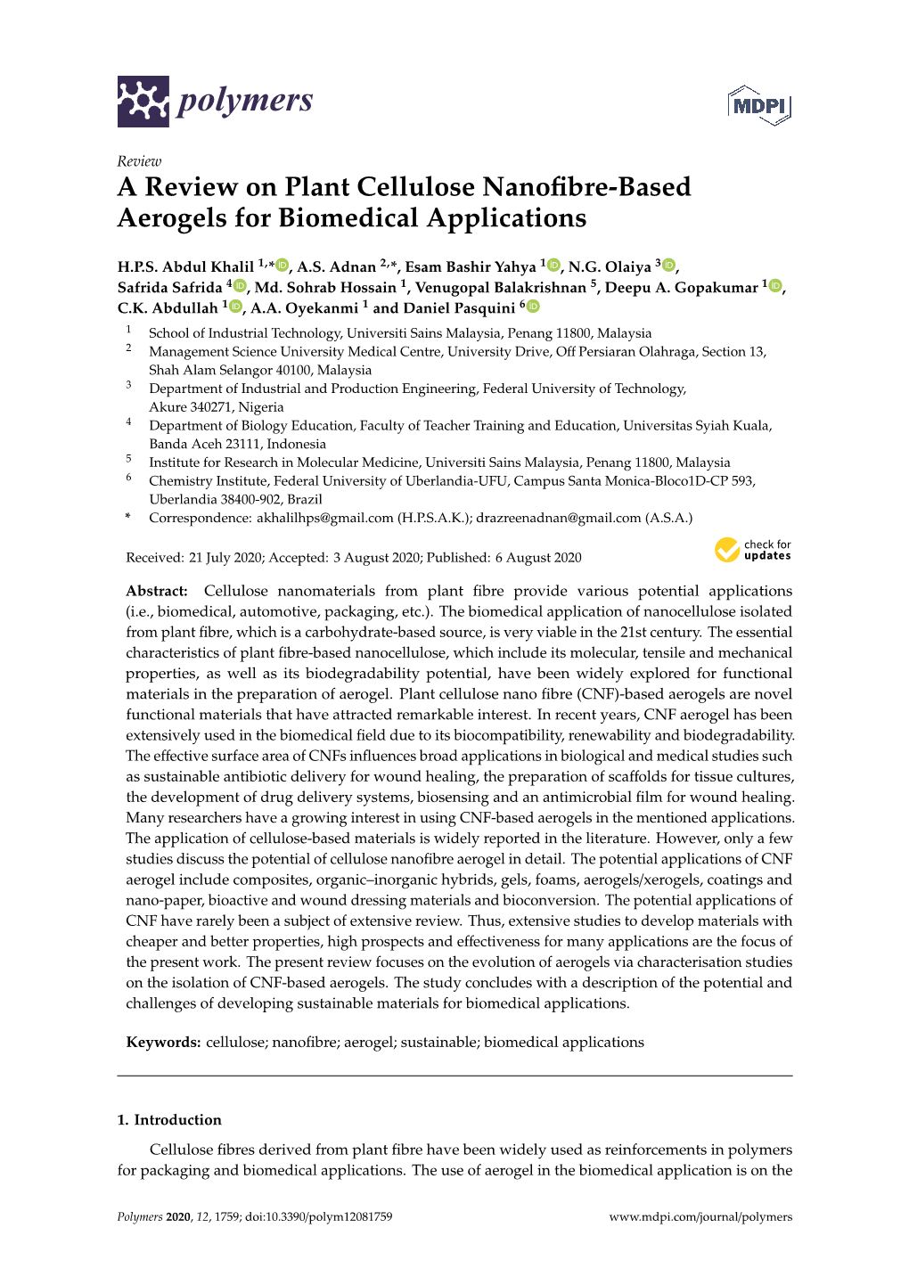 A Review on Plant Cellulose Nanofibre-Based Aerogels For