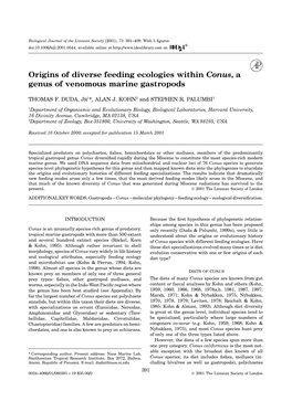 Origins of Diverse Feeding Ecologies Within Conus,A Genus of Venomous Marine Gastropods