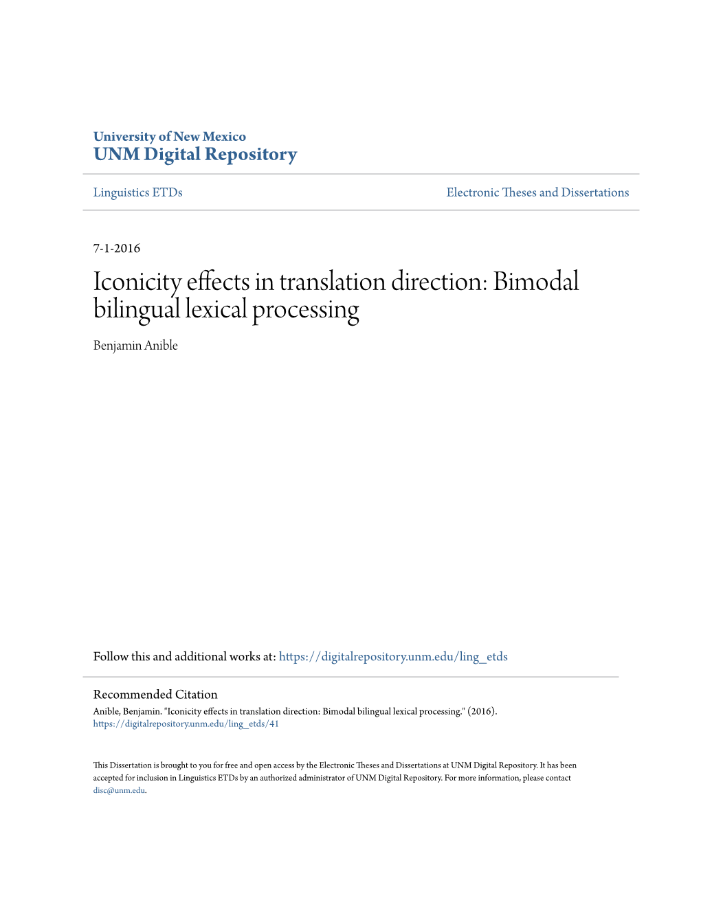 Iconicity Effects in Translation Direction: Bimodal Bilingual Lexical Processing Benjamin Anible