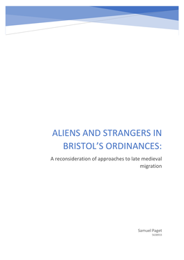 Aliens and Strangers in Bristol's Ordinances