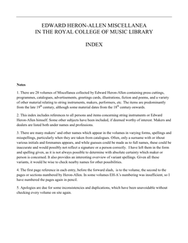Edward Heron-Allen Miscellanea in the Royal College of Music Library Index