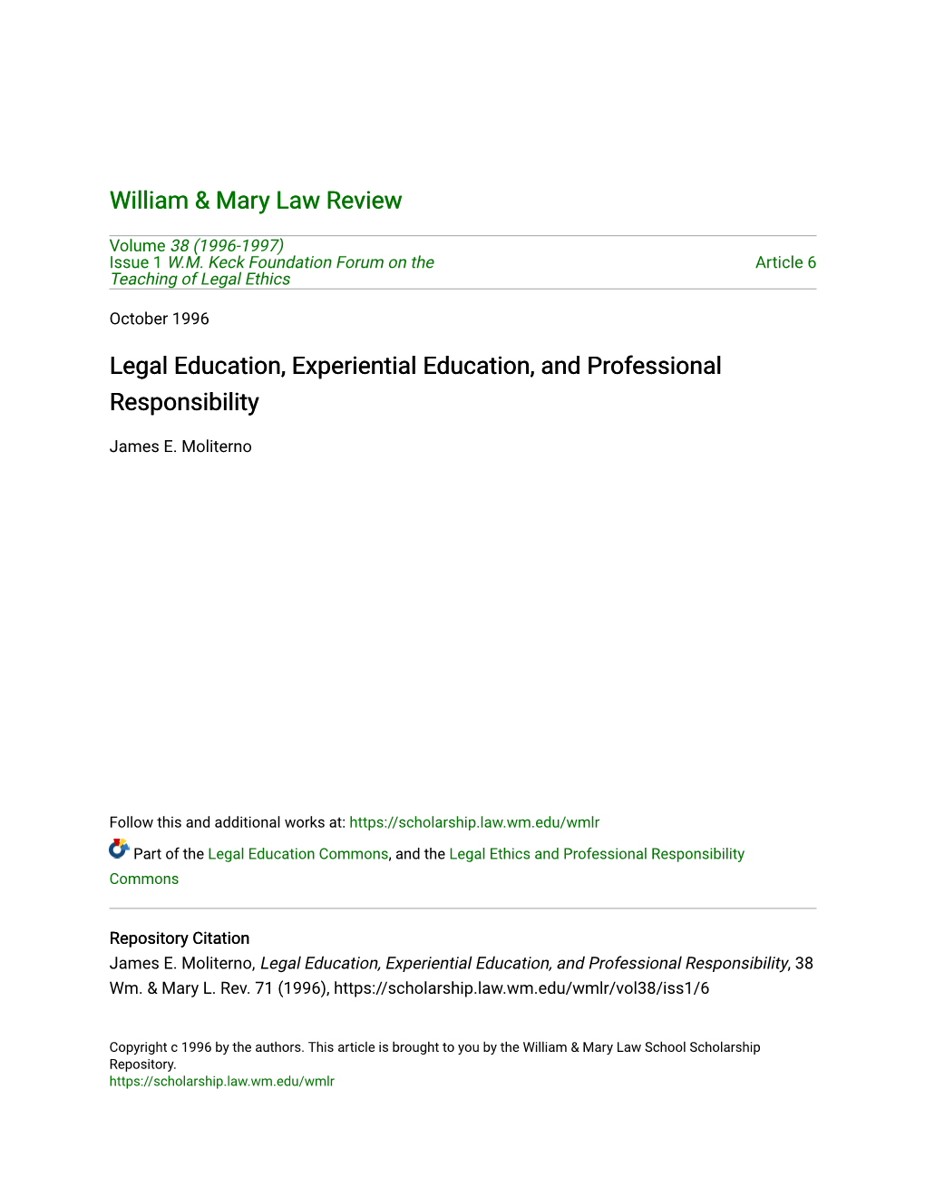 Legal Education, Experiential Education, and Professional Responsibility