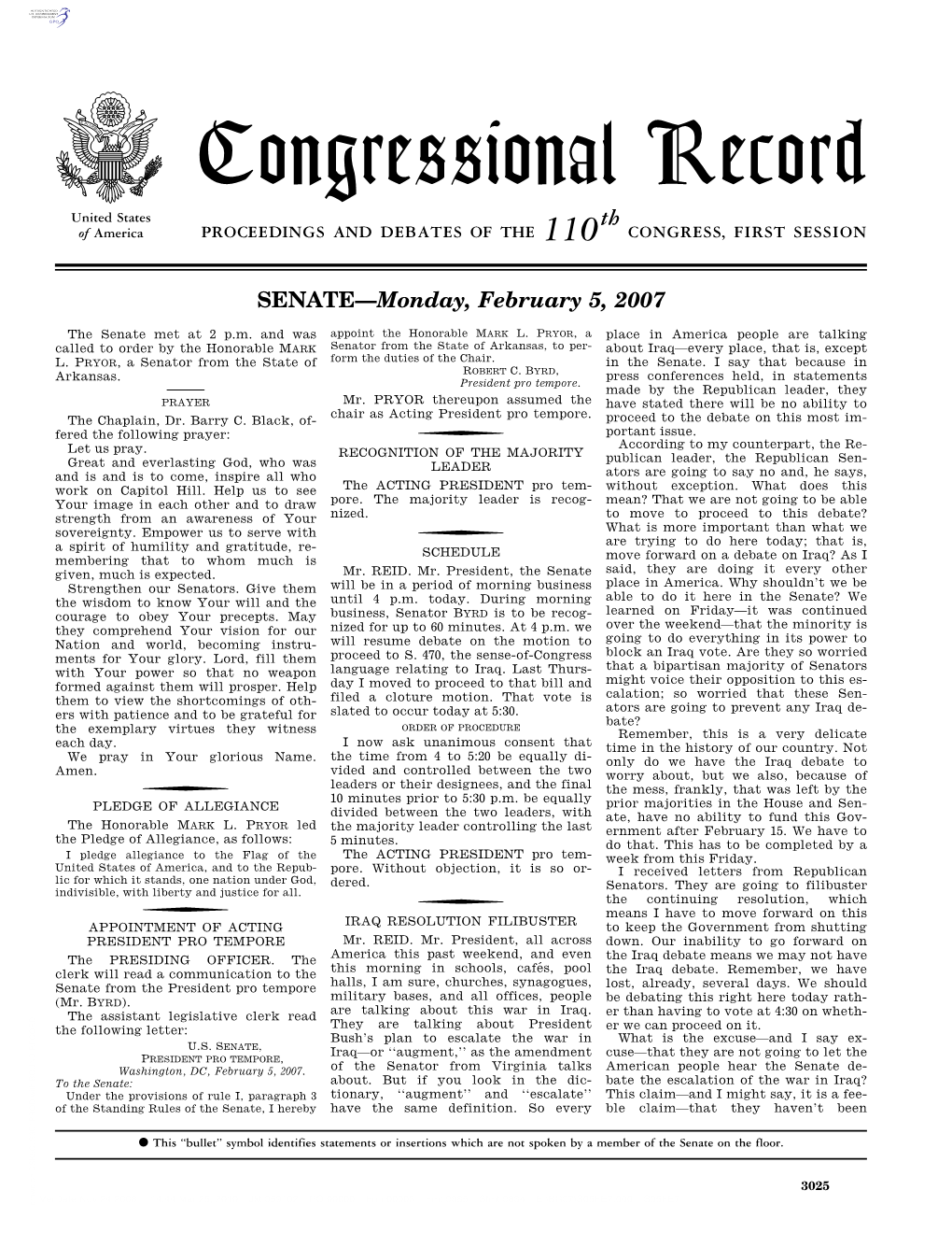 Congressional Record United States Th of America PROCEEDINGS and DEBATES of the 110 CONGRESS, FIRST SESSION