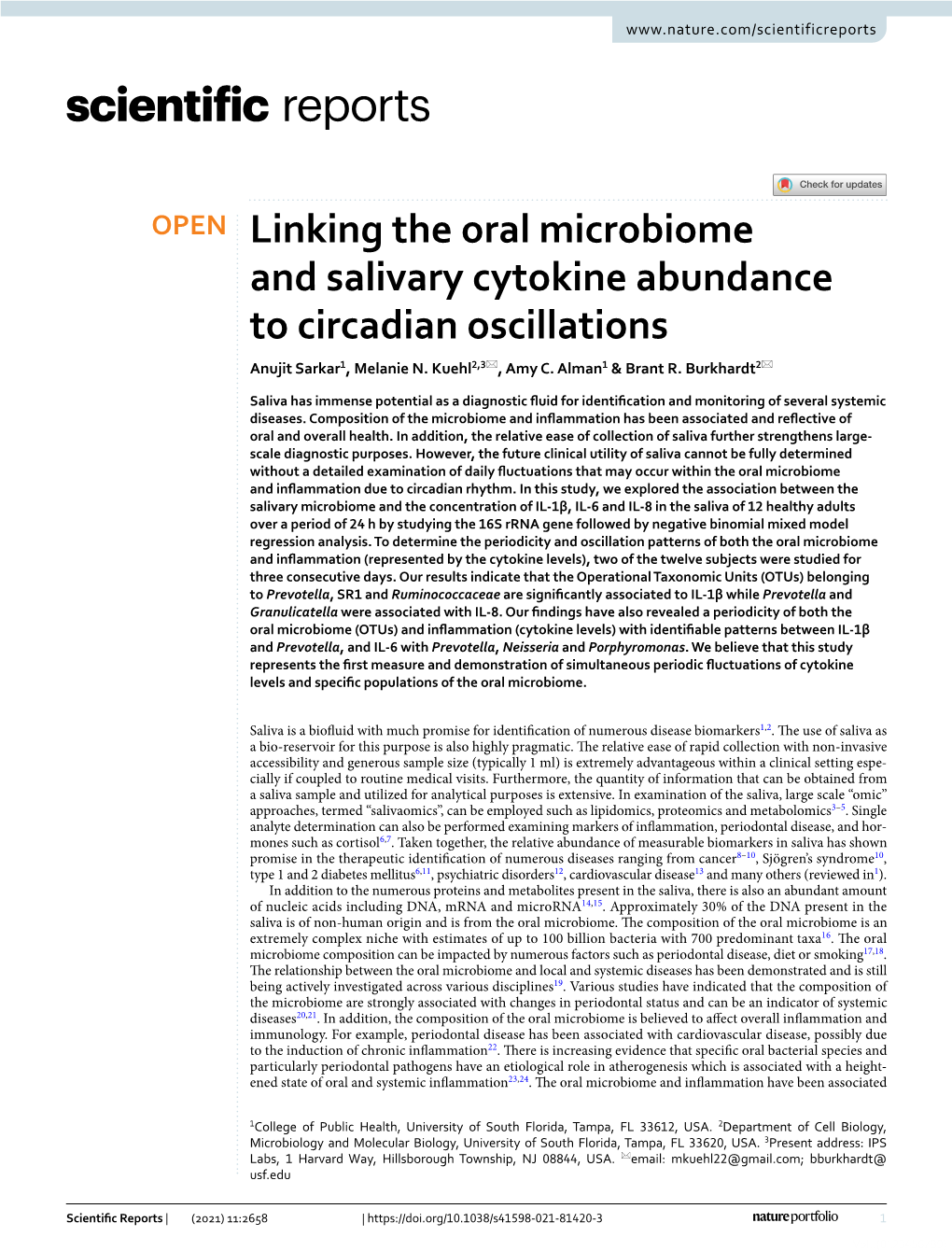 Linking the Oral Microbiome and Salivary Cytokine Abundance to Circadian Oscillations Anujit Sarkar1, Melanie N