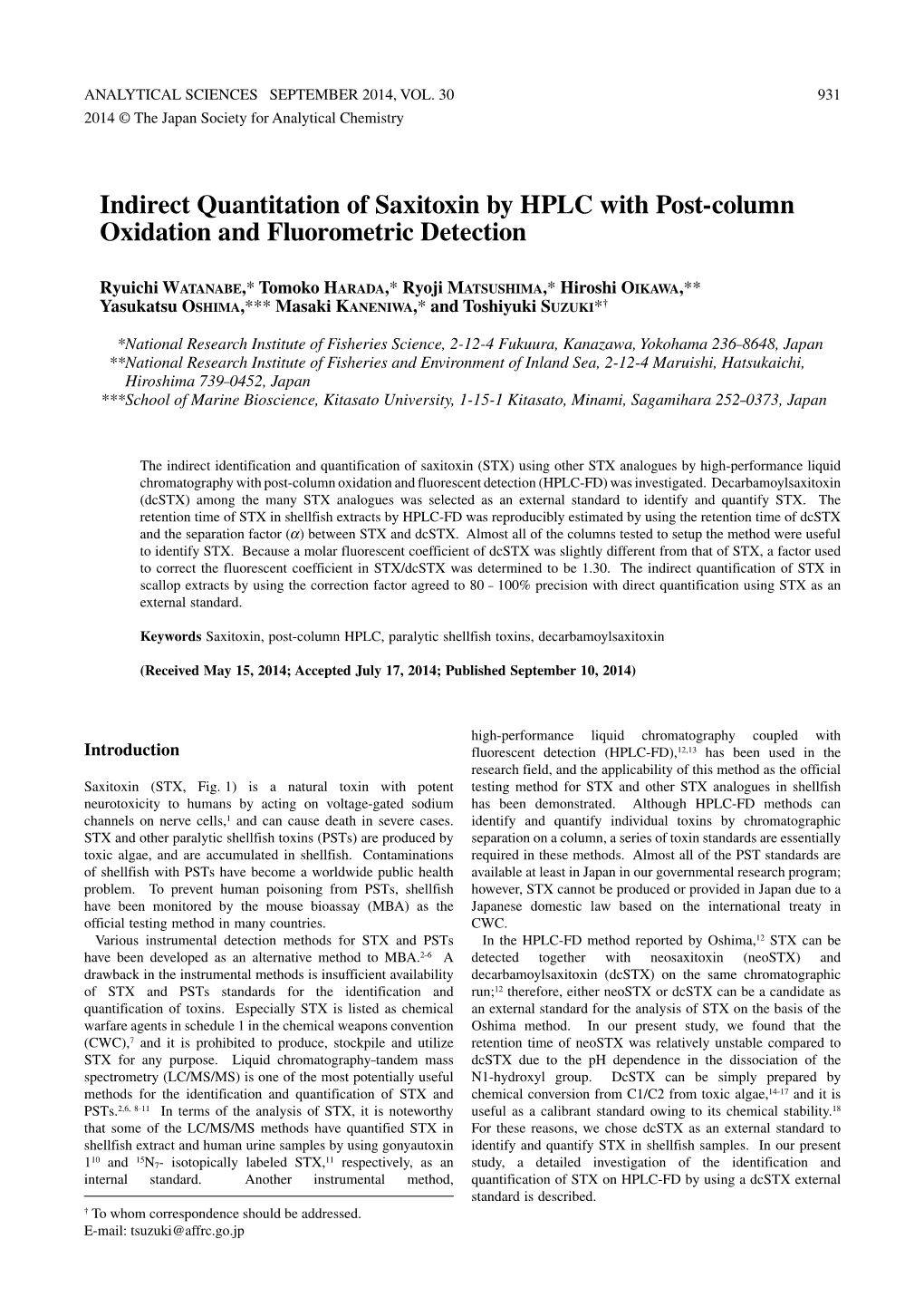 Indirect Quantitation of Saxitoxin by HPLC with Post-Column Oxidation and Fluorometric Detection
