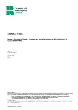 Nursery Schools Or Nursery Classes? an Analysis of National and Local Policy in England 1918-1972