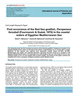 First Occurrence of the Red Sea Goatfish, Parupeneus Forsskali (Fourmanoir & Guézé, 1976) in the Coastal Waters of Egyptian Mediterranean Sea
