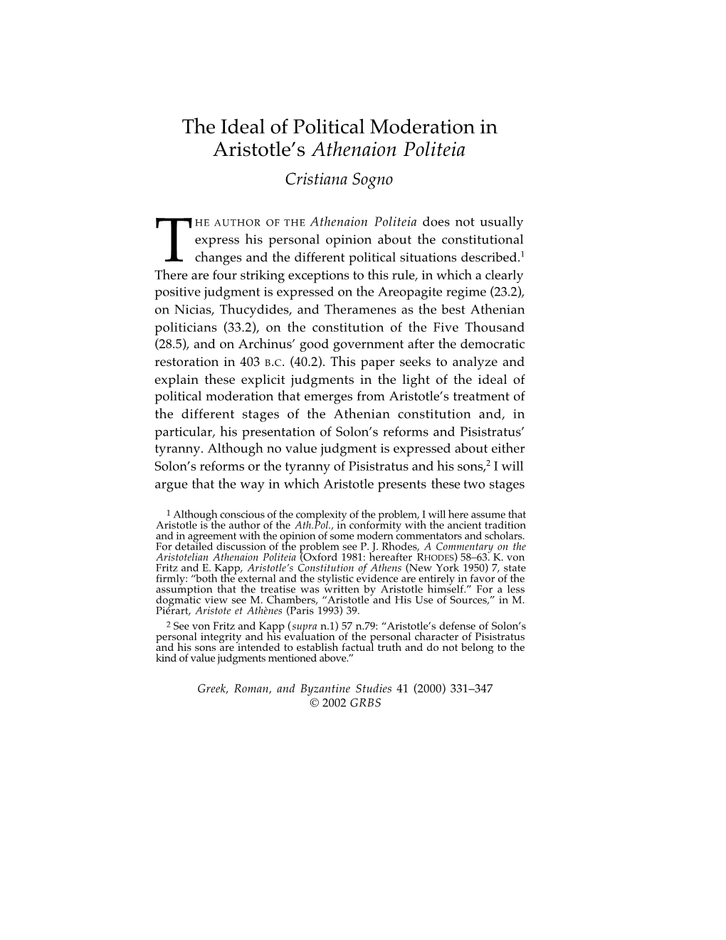 The Ideal of Political Moderation in Aristotle's Athenaion Politeia