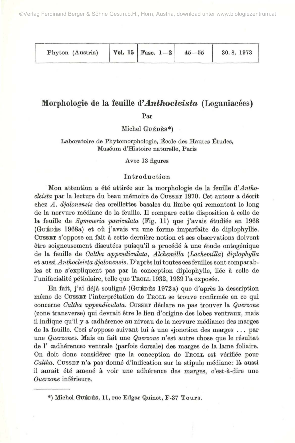 Morphologie De La Feuille D'anthocleista (Loganiacees) Par
