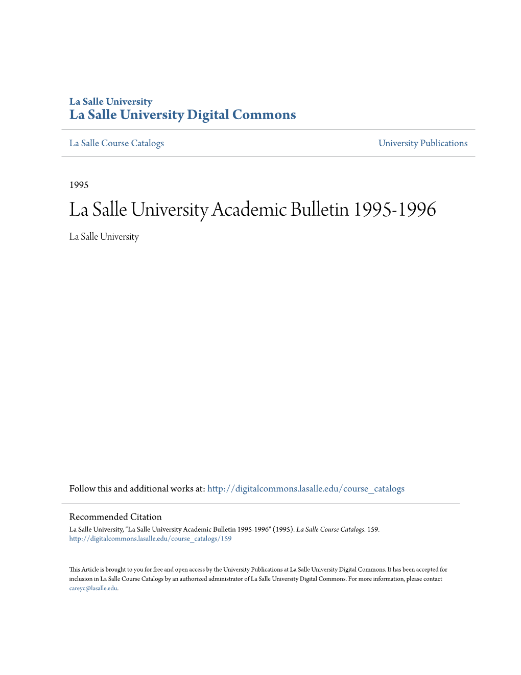 La Salle University Academic Bulletin 1995-1996 La Salle University