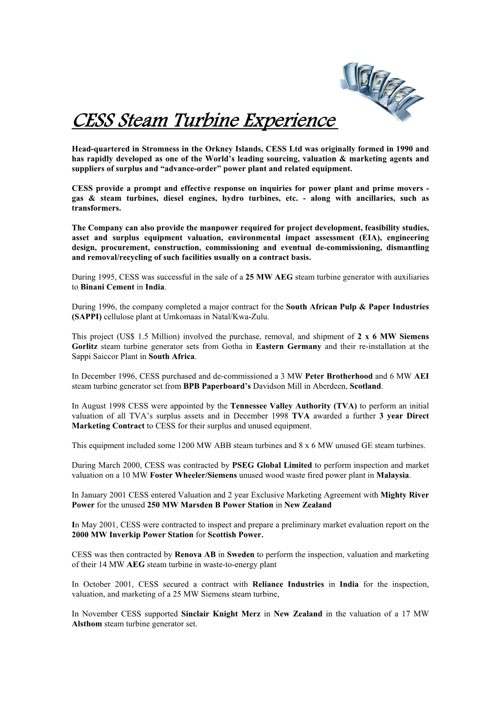 CESS Steam Turbine Experience