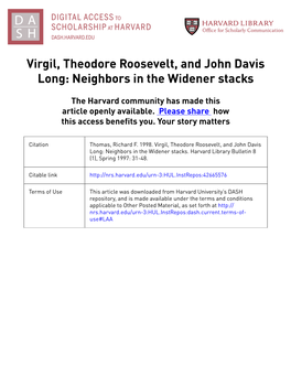 Virgil, Theodore Roosevelt, and John Davis Long: Neighbors in the Widener Stacks