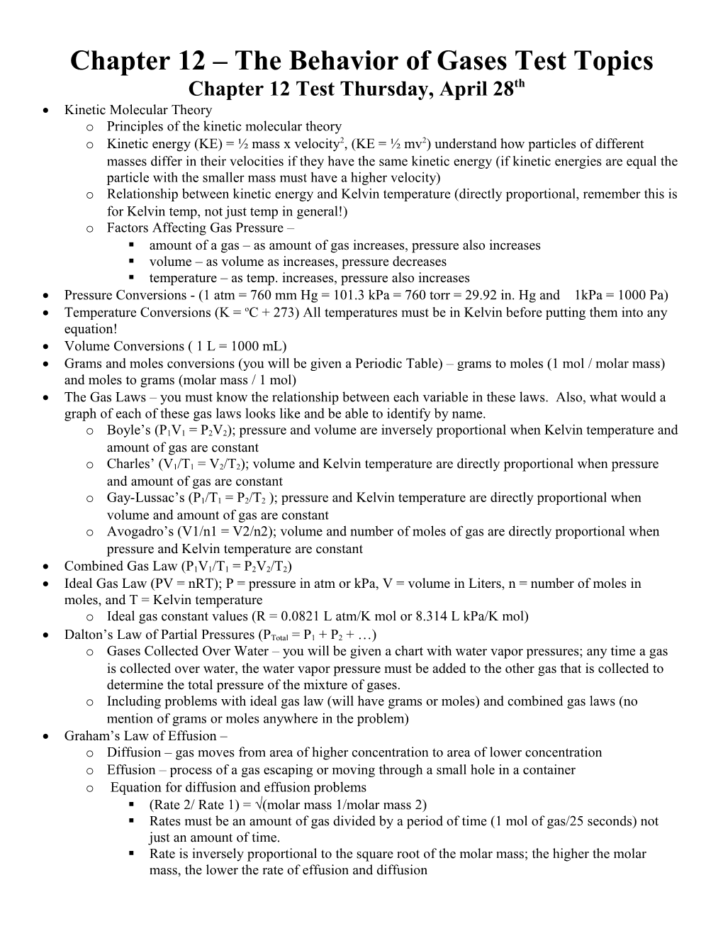 Chapter 12 the Behavior of Gases Test Topics