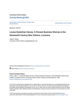 Louise Destrehan Harvey: a Pioneer Business Woman in the Nineteenth Century New Orleans, Louisiana