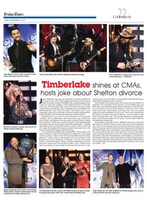 Timberlake Shines at Cmas, Hosts Joke About Shelton Divorce