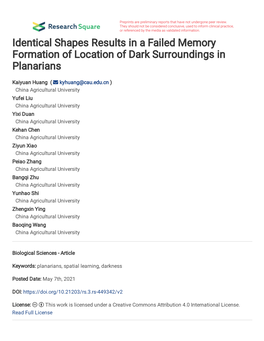 Identical Shapes Results in a Failed Memory Formation of Location of Dark Surroundings in Planarians
