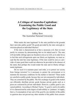 A Critique of Anarcho-Capitalism: Examining the Public Good and the Legitimacy of the State