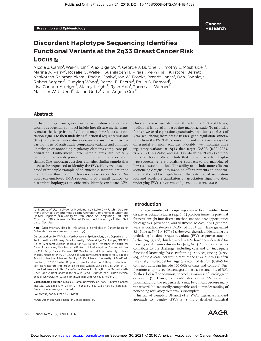 Discordant Haplotype Sequencing Identifies Functional Variants at the 2Q33 Breast Cancer Risk Locus