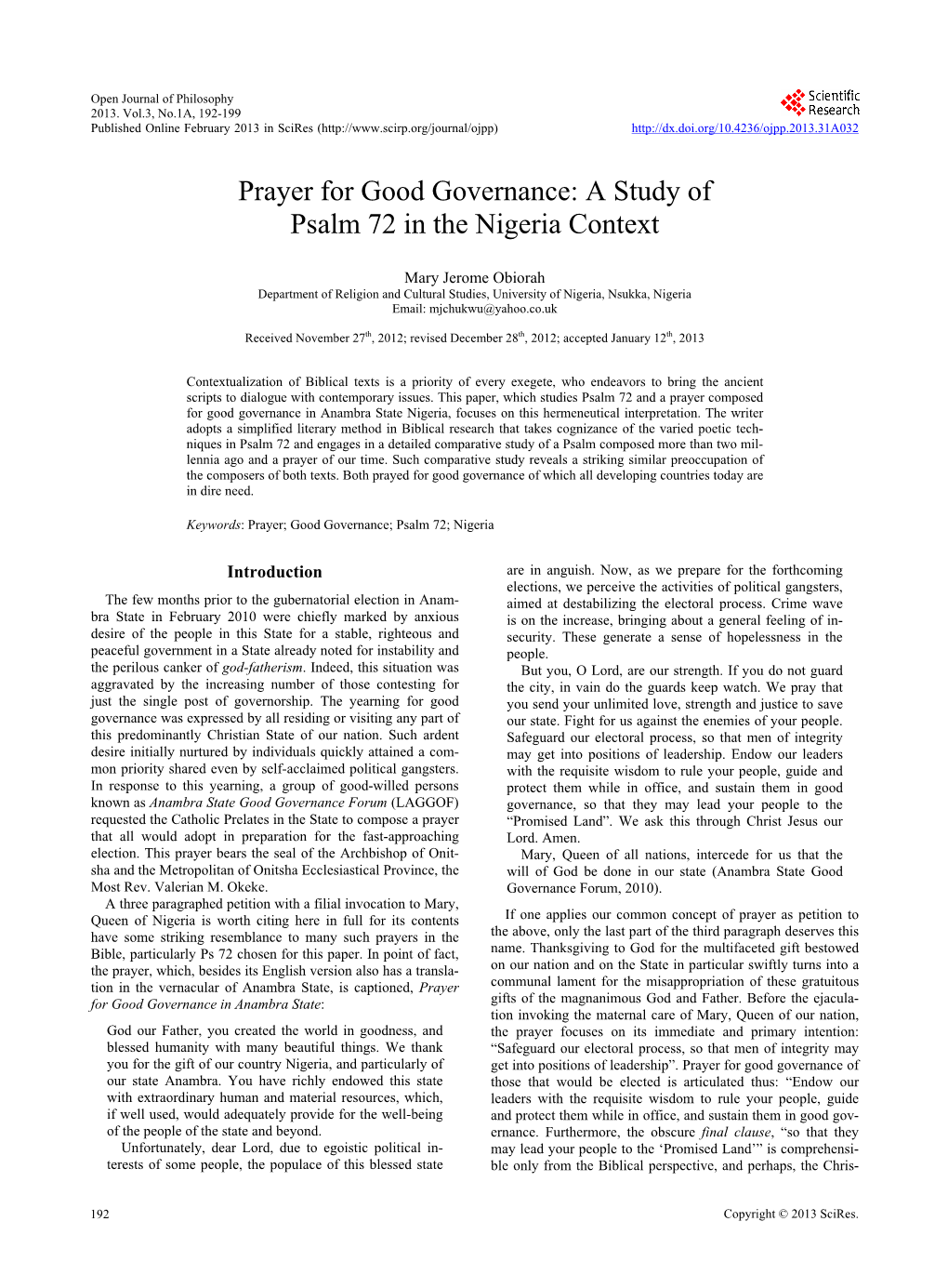 Prayer for Good Governance: a Study of Psalm 72 in the Nigeria Context