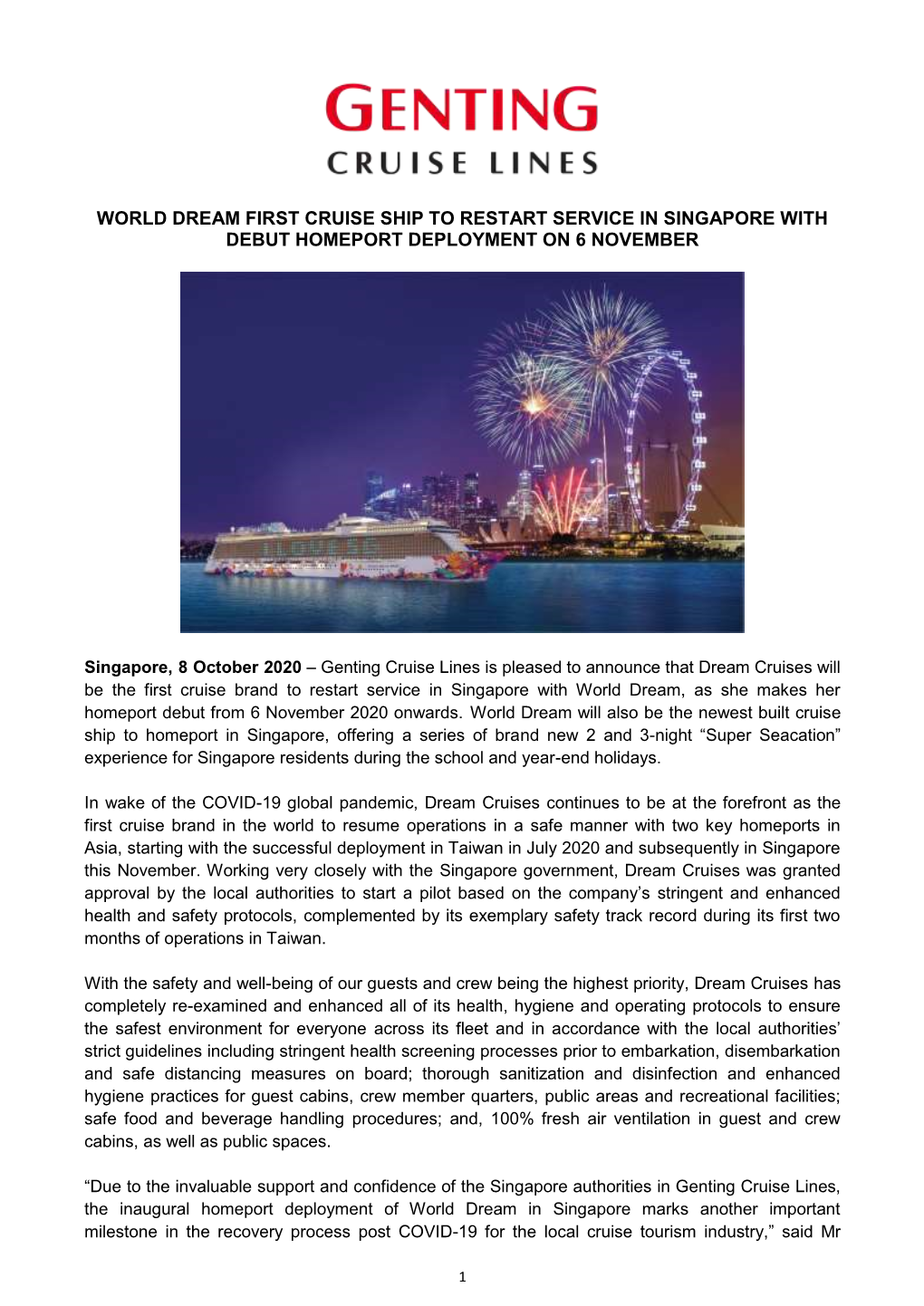 World Dream First Cruise Ship to Restart Service in Singapore with Debut Homeport Deployment on 6 November