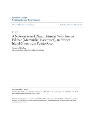 A Note on Sexual Dimorphism in Nesophontes Edithae (Mammalia: Insectivora), an Extinct Island-Shrew from Puerto Rico Donald A