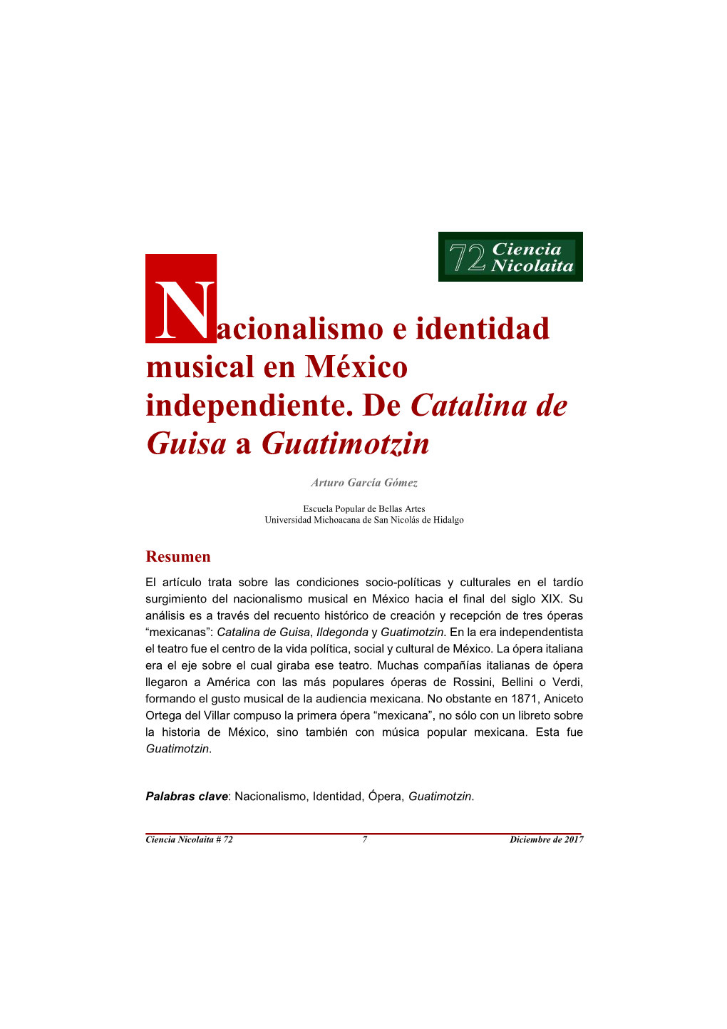 Nacionalismo E Identidad Musical En México Independiente. De Catalina