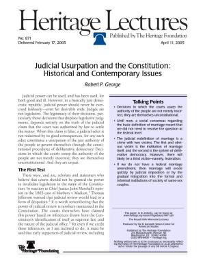Judicial Usurpation and the Constitution: Historical and Contemporary Issues Robert P