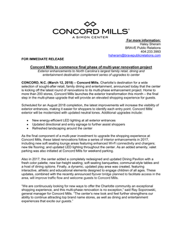 Concord Mills to Commence Final Phase of Multi-Year Renovation Project