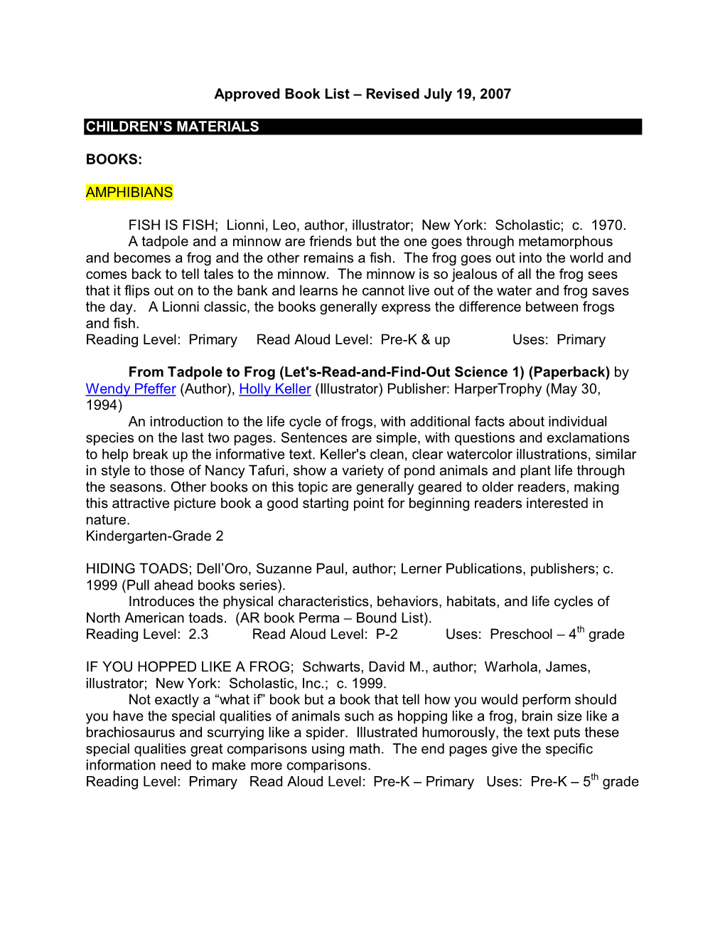 Approved Book List – Revised July 19, 2007