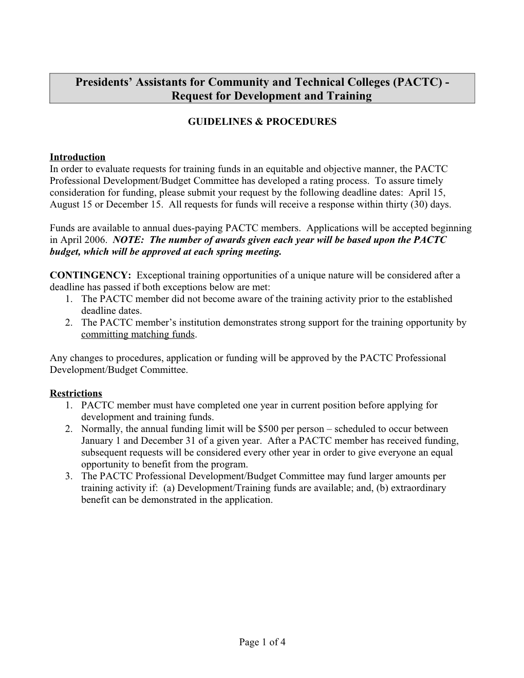 PACTC - Request for Development and Training