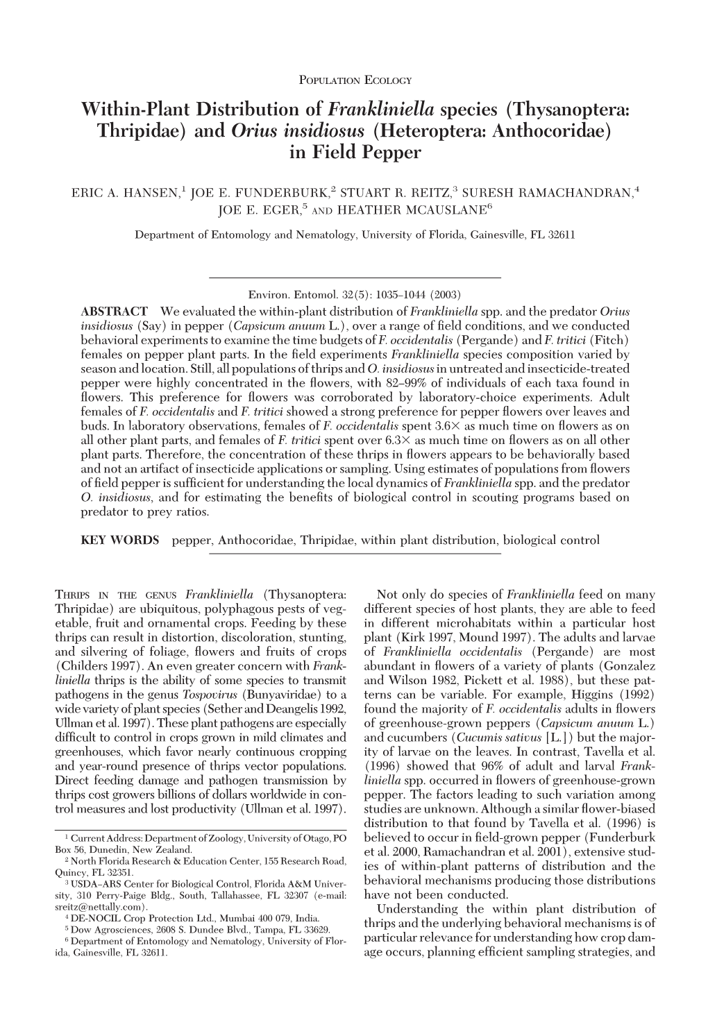 Within-Plant Distribution of Frankliniella Species (Thysanoptera: Thripidae) and Orius Insidiosus (Heteroptera: Anthocoridae) in Field Pepper